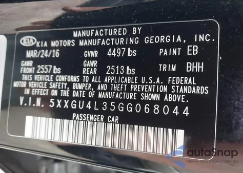 2016 Kia Optima Ex из США, поврежденный, VIN 5XXGU4L35GG068044